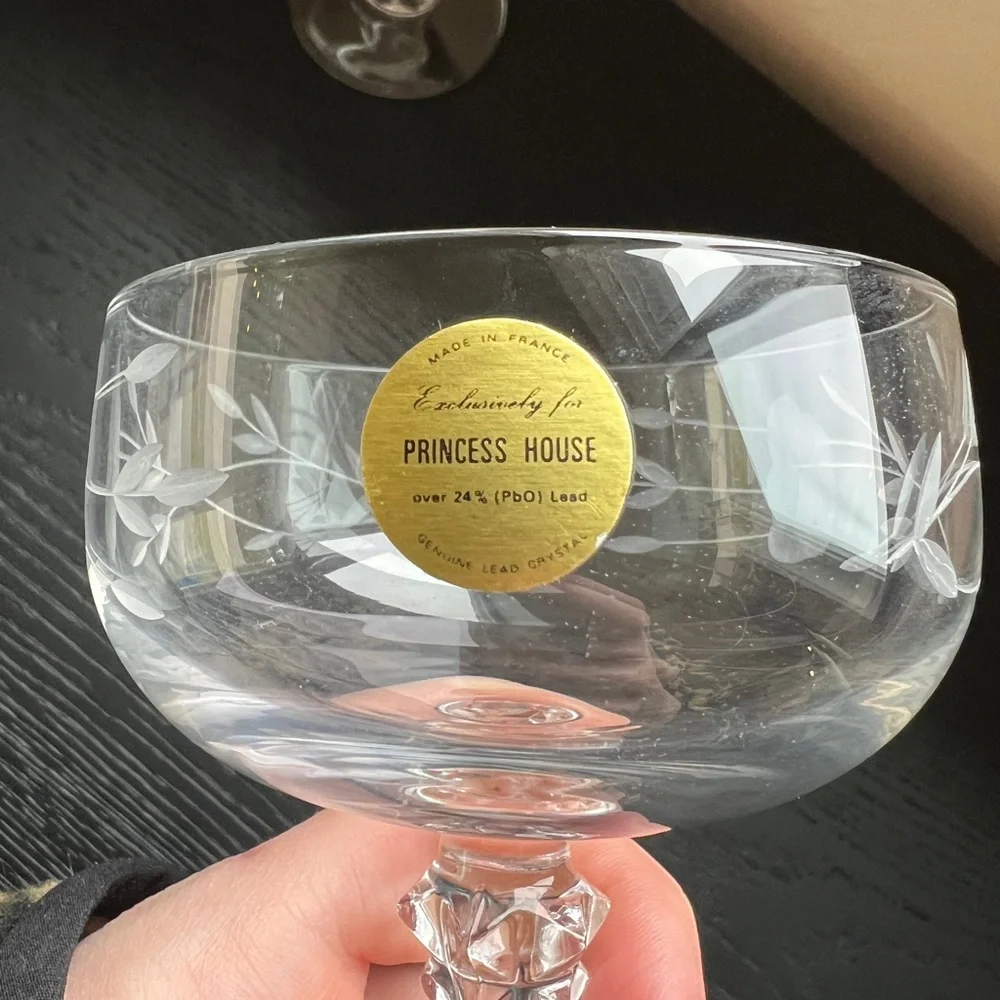 Princess House Vintage Crystal Etched Champagne Coupe Glassware Two Glasses